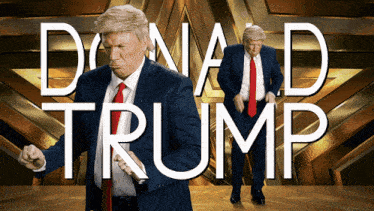 a man in a suit and tie is dancing in front of a gold background that says donald trump