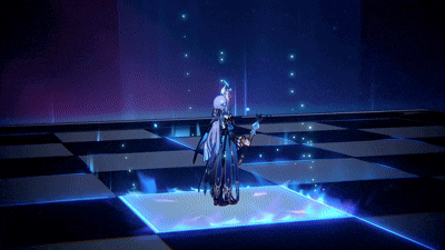 a video game character is standing on a checkered floor in a dark room