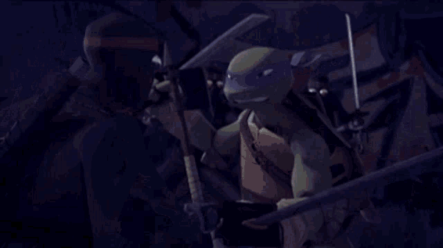 a teenage mutant ninja turtle is holding a sword in his right hand