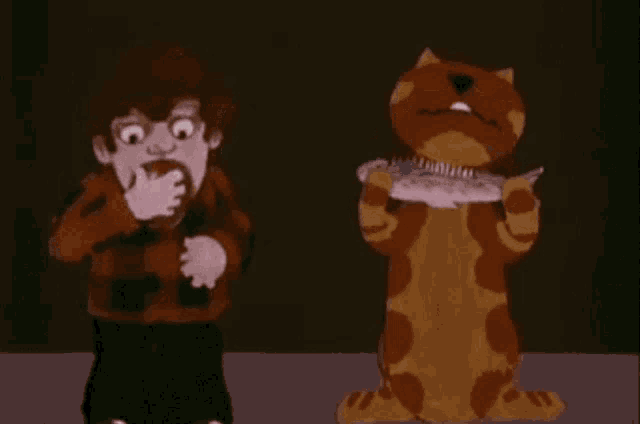 a cartoon of a boy and a cat holding fish