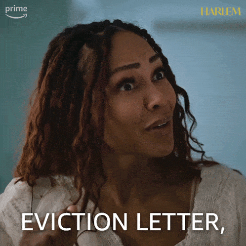 a woman says " eviction letter " in front of a prime logo