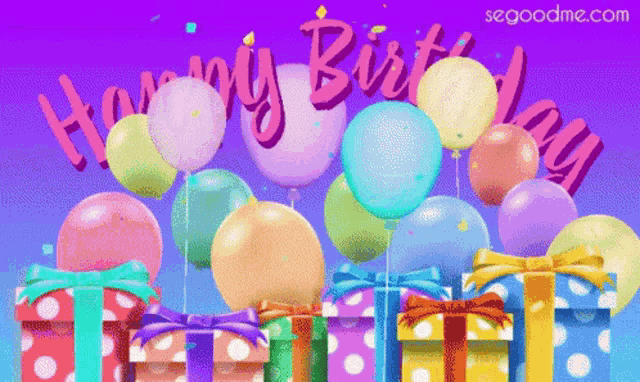 a birthday card with gifts and balloons with the website segoodme.com at the bottom