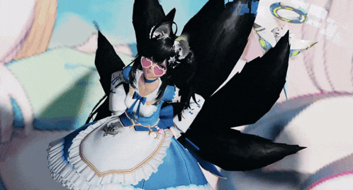 a girl in a blue and white dress with a black tail