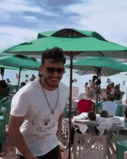 a man wearing sunglasses and a t-shirt that says daring choices is standing under a green umbrella