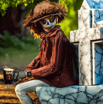 a scarecrow holding a cup of coffee with gm on it
