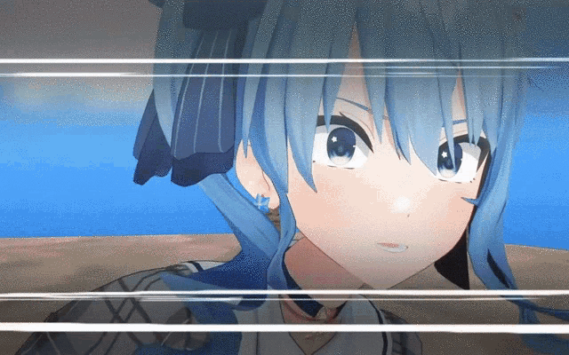 a close up of a blue haired anime character with a blue sky in the background