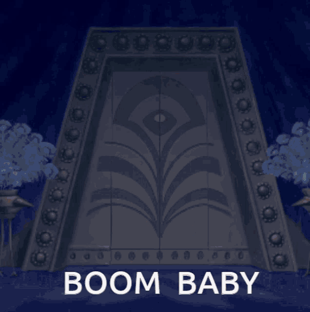 a cartoon character is standing in front of a large object with the words boom baby written below him