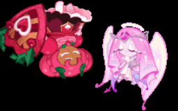 a pixel art of a strawberry cookie and a pink angel