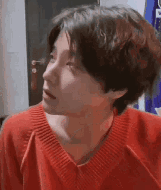 a close up of a person wearing a red sweater