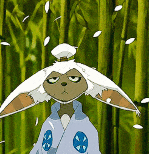 a cartoon rabbit with a bun on his head is standing in the woods