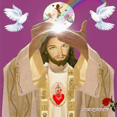 jesus is surrounded by white doves and a purple background with marie de bourdais written on the bottom