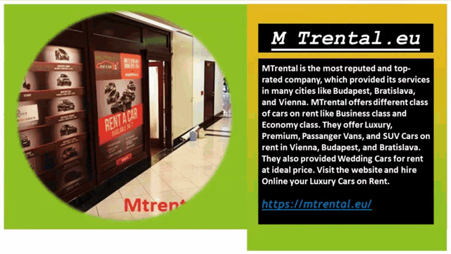 an advertisement for mtrental.eu with a picture of a car rental shop