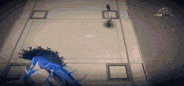 a woman with long blue hair is standing in a room
