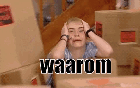 a woman is sitting in a box with her hands on her head and the word waarom written above her .
