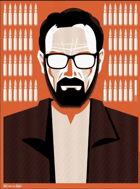 a man with glasses and a beard is surrounded by bullets on a orange background