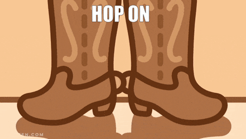 a pair of brown cowboy boots with the words hop on on them