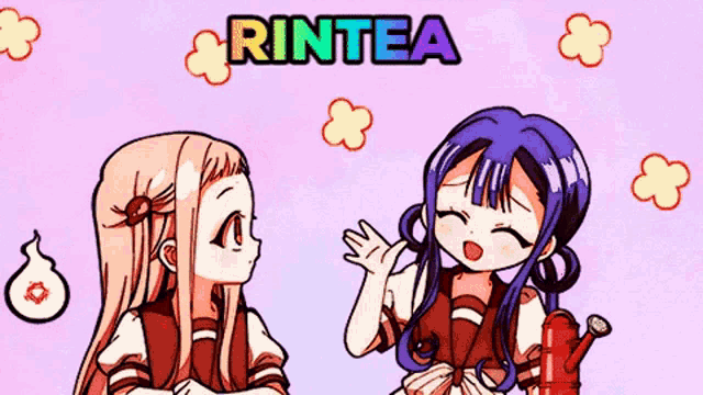 two anime girls are standing next to each other on a purple background with the word rintea above them .