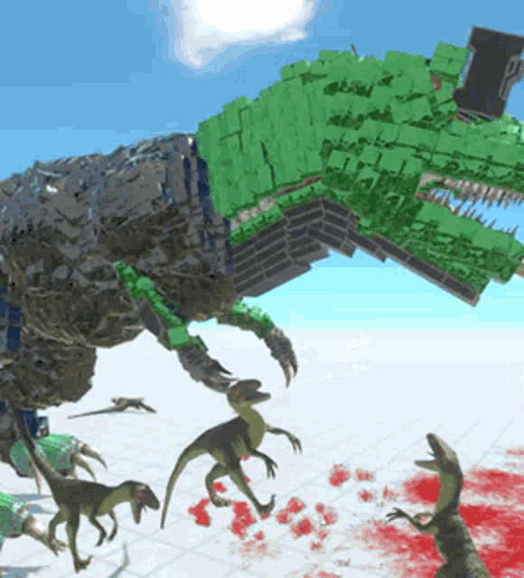 a group of dinosaurs are fighting a green dinosaur in a video game