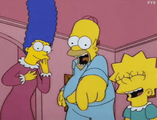 a cartoon of homer simpson pointing at marge simpson and lisa simpson .