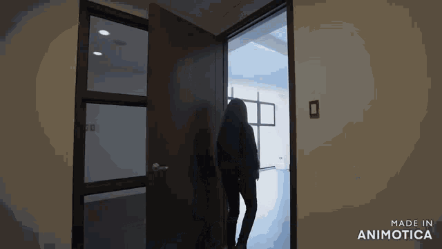 a silhouette of a woman standing in a doorway with the words made in animatica below her