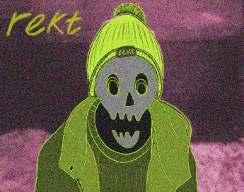a drawing of a person with a skull on their face and the word " rekt " in yellow