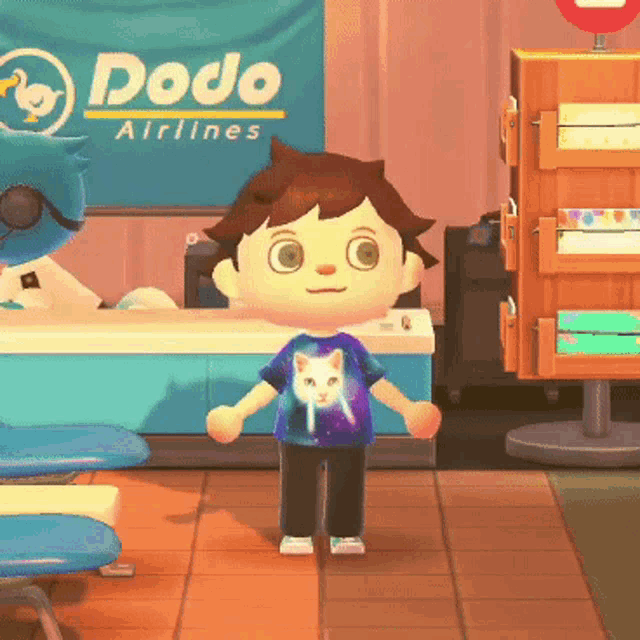 a cartoon character standing in front of a dodo airlines banner