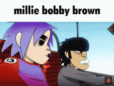 a cartoon character named millie bobby brown is sitting next to another character