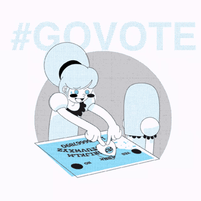 a cartoon drawing of a woman using an ouija board and the words #govote behind her