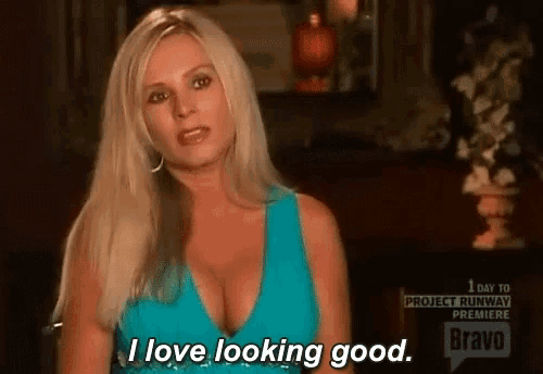 a woman in a blue top is talking about looking good