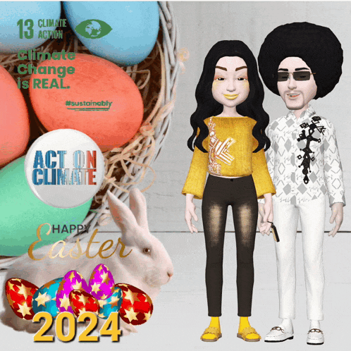 a couple of dolls standing next to a basket of easter eggs with a sign that says act on climate