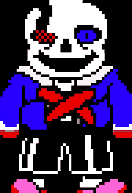a pixel art of a skeleton with red eyes