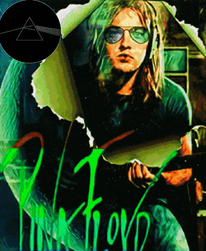 a painting of a man playing a guitar with the words pink floyd on the bottom