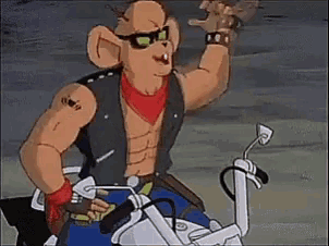 a cartoon character wearing sunglasses and a bandana is riding a bike