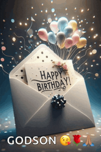 an envelope with balloons and a card that says " happy birthday godson "
