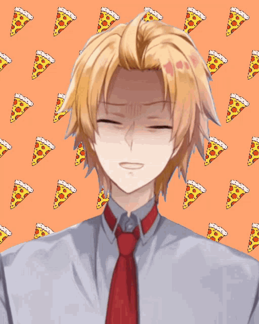 a man with his eyes closed is standing in front of a pattern of pizza
