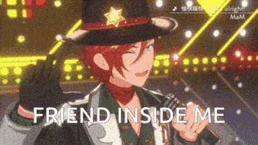 a man in a cowboy hat is holding a microphone and saying " friend inside me " .