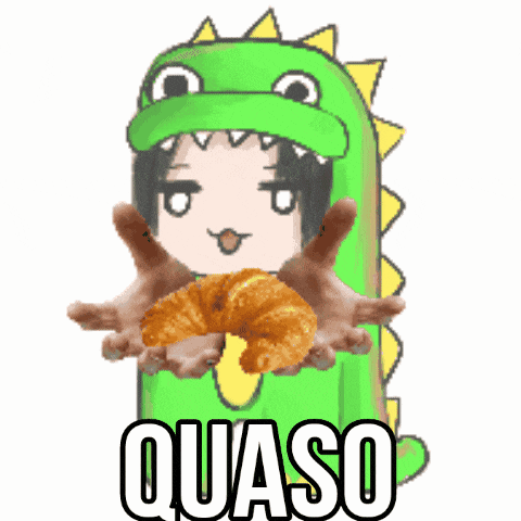 a cartoon of a girl in a dinosaur costume holding a croissant and the word quaso below her