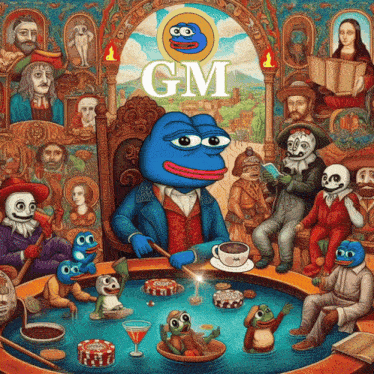 a painting of pepe the frog with the word gm on the top
