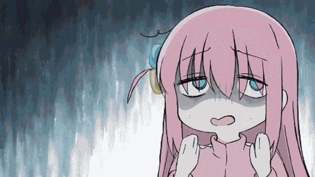 a cartoon of a girl with pink hair and blue eyes making a sad face