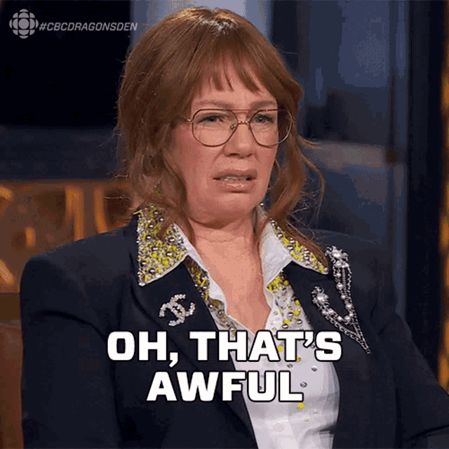 a woman says oh that 's awful while wearing glasses and a jacket