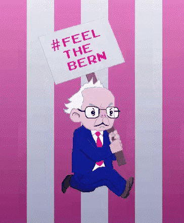 a pixel art drawing of bernie sanders holding a sign that says #feel the bern