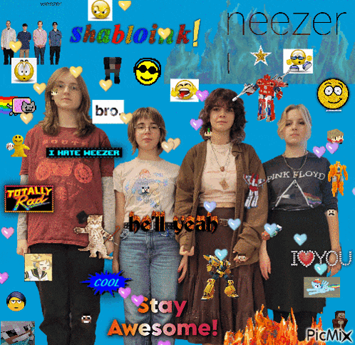 a group of girls are standing in front of a blue background that says " stay awesome " on it