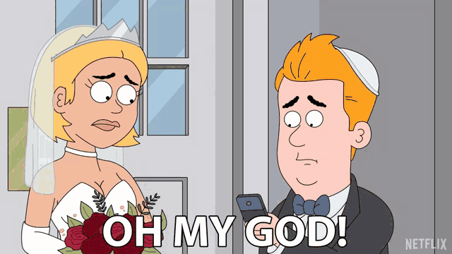 a cartoon of a bride and groom with the words oh my god on the bottom