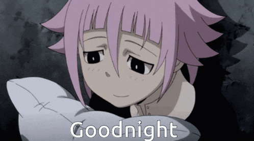 a girl with pink hair is holding a pillow with the words goodnight written on the bottom