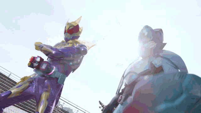 a purple and gold superhero is kicking another superhero in the face