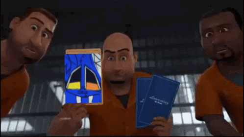 a man is holding a card with a cartoon of a police officer walking .