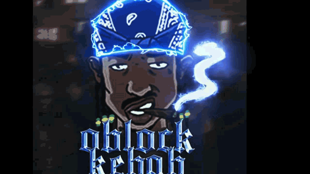 a cartoon of a man with a bandana on his head smoking a cigar with the words " oblock kebob " below him