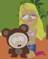 a cartoon girl is sitting next to a teddy bear wearing a monkey costume .