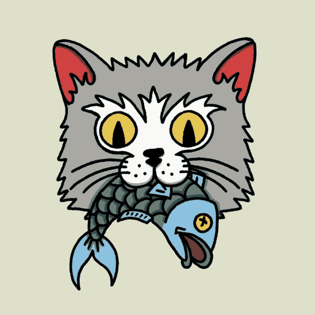 a drawing of a cat holding a fish with the letter t on it