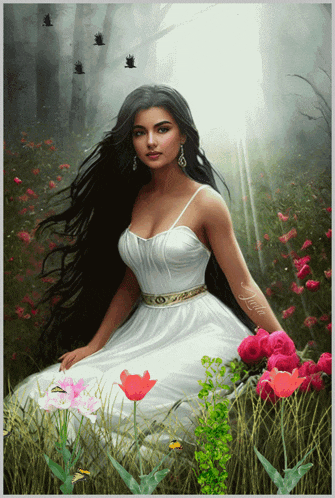 a woman in a white dress sits in a field of flowers with a watermark on her arm